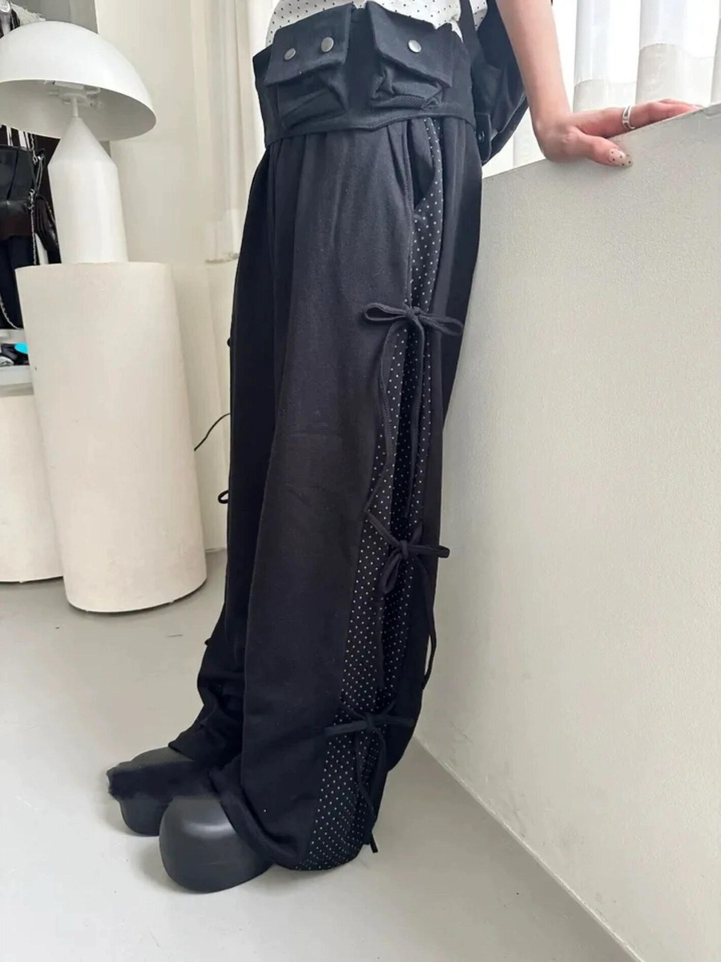 Korean Pants Lifestyle - Sonbahar Kış Puantiyeli Renk Bloklu Kemerli
